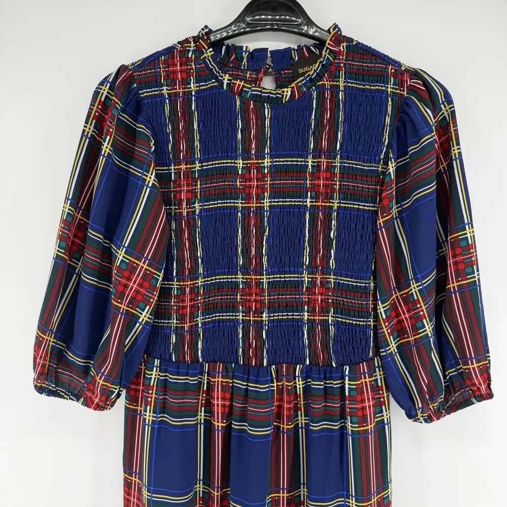 Sugarlips Lakeview Blue Red Plaid Smocked Tiered Maxi Dress Womens Size Medium - Picture 3 of 13